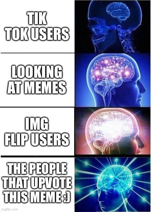 This is true | TIK TOK USERS; LOOKING AT MEMES; IMG FLIP USERS; THE PEOPLE THAT UPVOTE THIS MEME :) | image tagged in memes,expanding brain | made w/ Imgflip meme maker