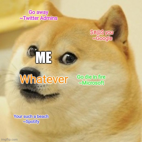 Doge | Go away
~Twitter Admins; $#@$ you 
~Google; ME; Whatever; Go die in fire
~Microsoft; Your such a beach
~Spotify | image tagged in memes,doge | made w/ Imgflip meme maker
