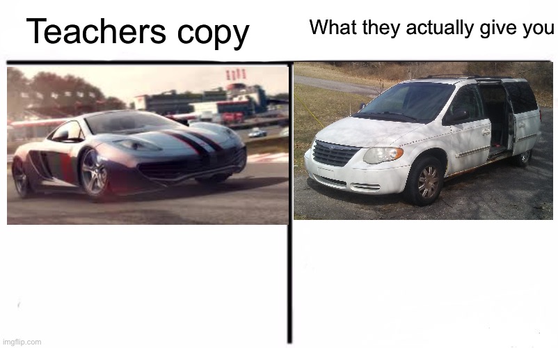 Teachers copyWhat they actually give you | Teachers copy; What they actually give you | image tagged in memes,funny,mclaren,chrysler,teachers copy,messed up worksheet | made w/ Imgflip meme maker
