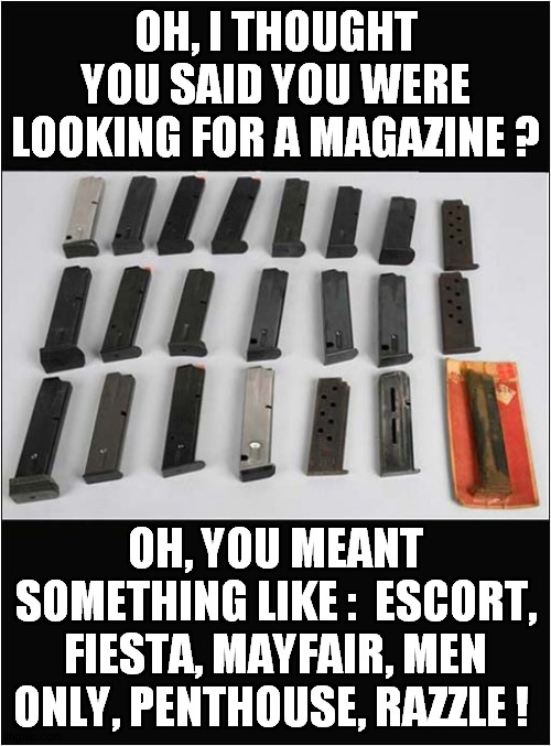 In My Day, It Was Either Health & Efficiency Or National Geographic | OH, I THOUGHT YOU SAID YOU WERE LOOKING FOR A MAGAZINE ? OH, YOU MEANT SOMETHING LIKE :  ESCORT, FIESTA, MAYFAIR, MEN ONLY, PENTHOUSE, RAZZLE ! | image tagged in fun,magazines | made w/ Imgflip meme maker