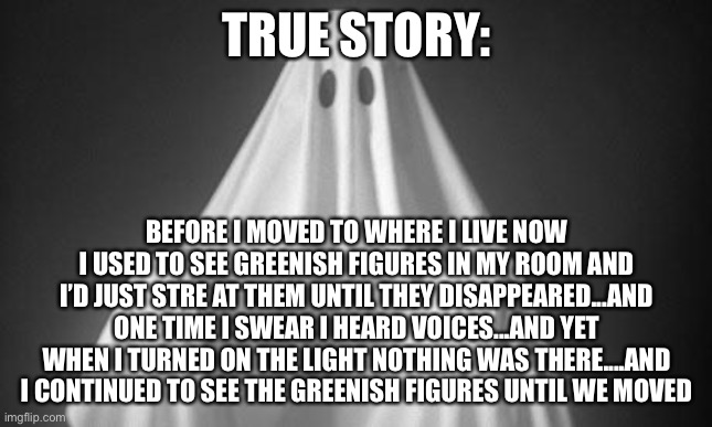 True story 100% |  TRUE STORY:; BEFORE I MOVED TO WHERE I LIVE NOW I USED TO SEE GREENISH FIGURES IN MY ROOM AND I’D JUST STRE AT THEM UNTIL THEY DISAPPEARED...AND ONE TIME I SWEAR I HEARD VOICES...AND YET WHEN I TURNED ON THE LIGHT NOTHING WAS THERE....AND I CONTINUED TO SEE THE GREENISH FIGURES UNTIL WE MOVED | image tagged in ghost | made w/ Imgflip meme maker