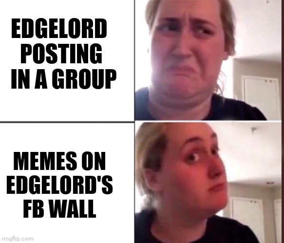 Kombucha Girl | EDGELORD 
POSTING
 IN A GROUP; MEMES ON
 EDGELORD'S 
FB WALL | image tagged in kombucha girl | made w/ Imgflip meme maker