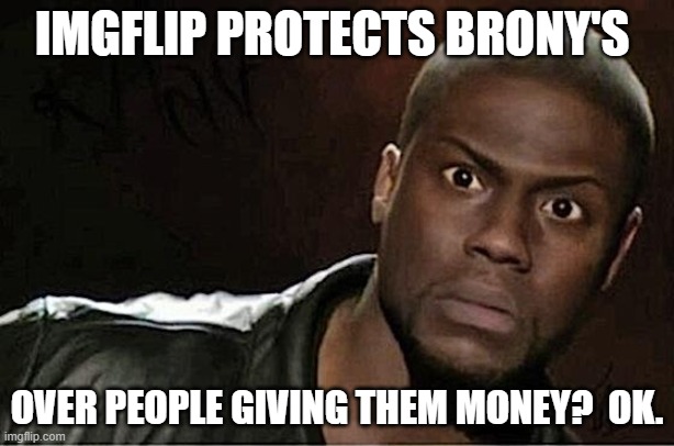 When you bite the hand that feeds you you will vanish. | IMGFLIP PROTECTS BRONY'S; OVER PEOPLE GIVING THEM MONEY?  OK. | image tagged in memes,kevin hart | made w/ Imgflip meme maker