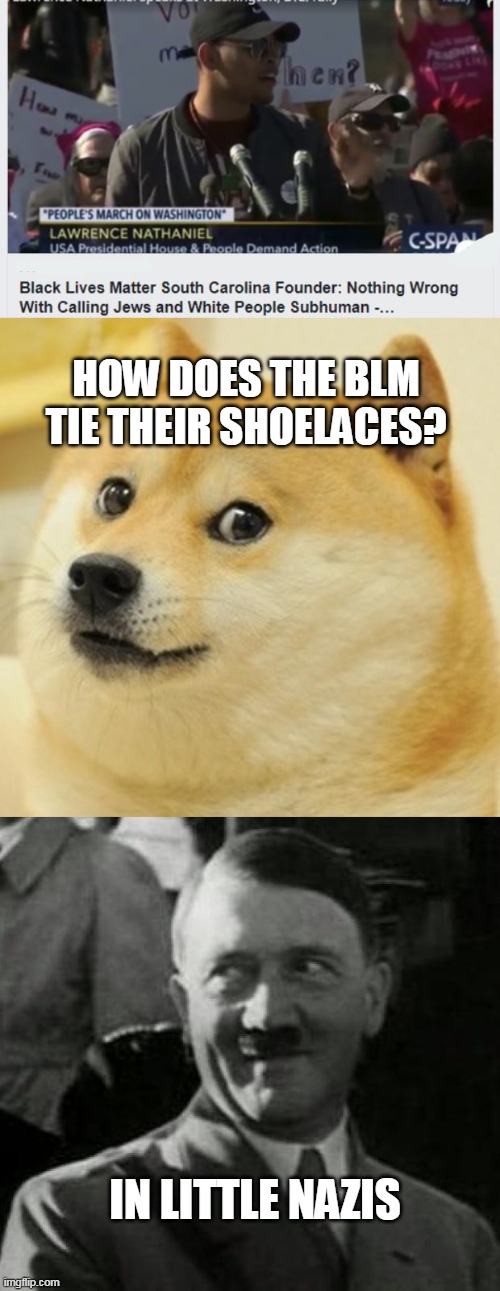 Bigot Lies Matter |  HOW DOES THE BLM TIE THEIR SHOELACES? IN LITTLE NAZIS | image tagged in hitler laugh,doge,politics,racist,nazis,bigots | made w/ Imgflip meme maker