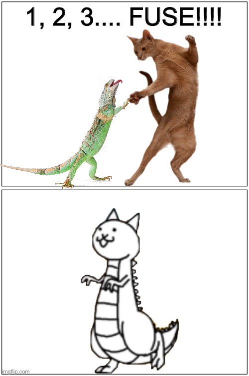 wE gOt iT LeEzaRds Fans... We gOt A fUsE oF LizArd AnD cAt! | 1, 2, 3.... FUSE!!!! | image tagged in memes,funny,lizard,cats,fusion,reference | made w/ Imgflip meme maker