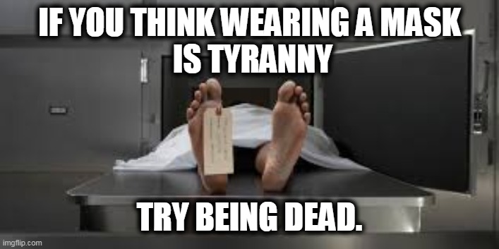 That'll really cut down on your freedoms. | IF YOU THINK WEARING A MASK
 IS TYRANNY; TRY BEING DEAD. | image tagged in morgue feet,pandemic,dead,mask,alive | made w/ Imgflip meme maker
