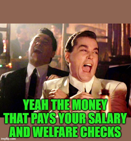 Good Fellas Hilarious Meme | YEAH THE MONEY THAT PAYS YOUR SALARY AND WELFARE CHECKS | image tagged in memes,good fellas hilarious | made w/ Imgflip meme maker