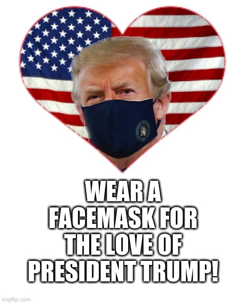Wear a Facemask for the Love of President Trump! | WEAR A FACEMASK FOR THE LOVE OF PRESIDENT TRUMP! | image tagged in president,trump,america,covid-19,facemask,coronavirus | made w/ Imgflip meme maker