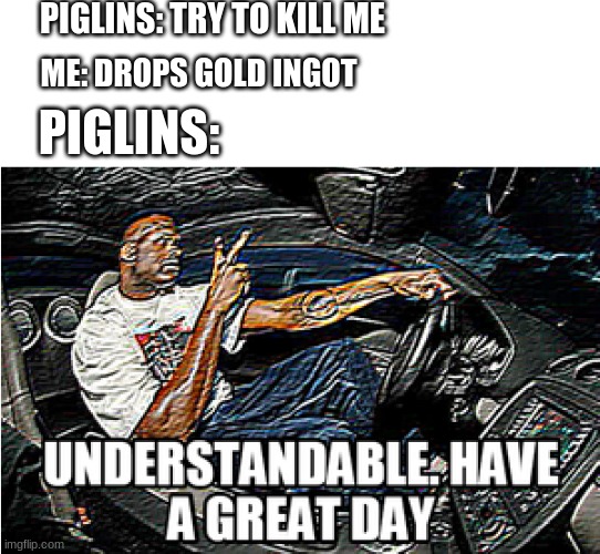 UNDERSTANDABLE, HAVE A GREAT DAY | PIGLINS: TRY TO KILL ME; ME: DROPS GOLD INGOT; PIGLINS: | image tagged in understandable have a great day | made w/ Imgflip meme maker