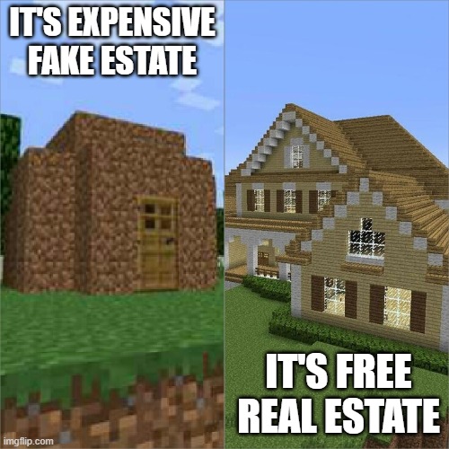 What estate is this? | IT'S EXPENSIVE FAKE ESTATE; IT'S FREE REAL ESTATE | image tagged in minecraft house battle | made w/ Imgflip meme maker