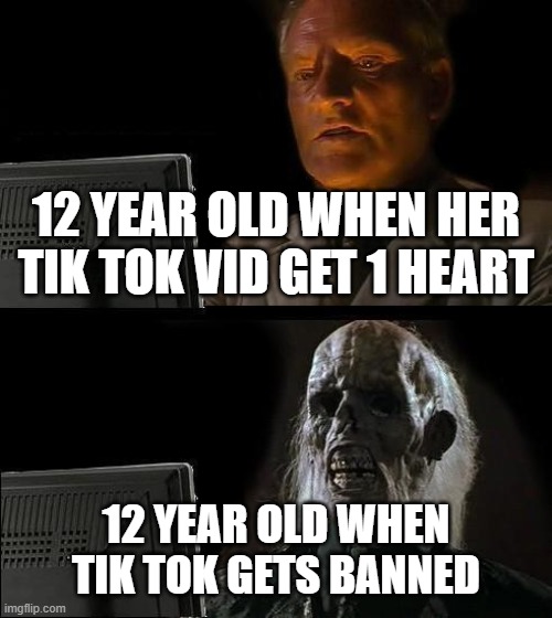 tik big trash | 12 YEAR OLD WHEN HER TIK TOK VID GET 1 HEART; 12 YEAR OLD WHEN TIK TOK GETS BANNED | image tagged in memes,i'll just wait here | made w/ Imgflip meme maker