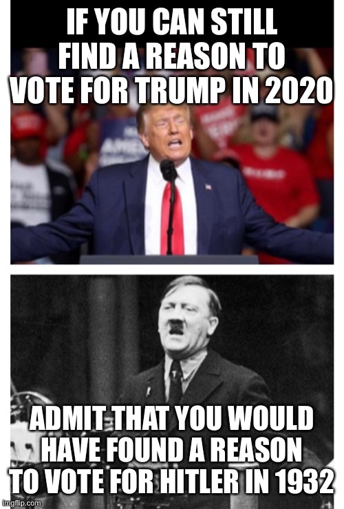 Trump voters are Hitler voters | IF YOU CAN STILL FIND A REASON TO VOTE FOR TRUMP IN 2020; ADMIT THAT YOU WOULD HAVE FOUND A REASON TO VOTE FOR HITLER IN 1932 | image tagged in trump,hitler,history,racist | made w/ Imgflip meme maker