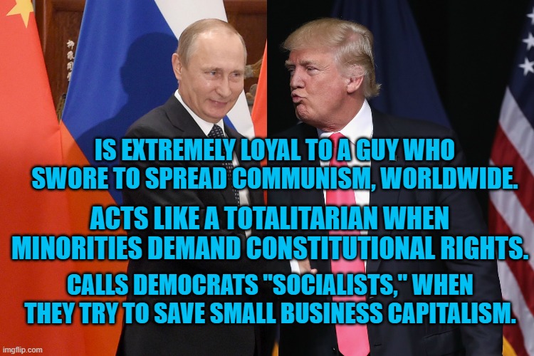 Comrade Pandemic's Peccadilloes | IS EXTREMELY LOYAL TO A GUY WHO SWORE TO SPREAD COMMUNISM, WORLDWIDE. ACTS LIKE A TOTALITARIAN WHEN MINORITIES DEMAND CONSTITUTIONAL RIGHTS. CALLS DEMOCRATS "SOCIALISTS," WHEN THEY TRY TO SAVE SMALL BUSINESS CAPITALISM. | image tagged in politics | made w/ Imgflip meme maker
