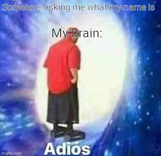 Adios | My brain:; Someone: asking me what my name is | image tagged in adios | made w/ Imgflip meme maker