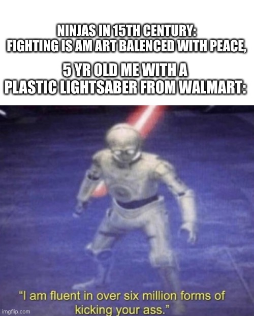 Those things can hurt some times | NINJAS IN 15TH CENTURY: FIGHTING IS AM ART BALENCED WITH PEACE, 5 YR OLD ME WITH A PLASTIC LIGHTSABER FROM WALMART: | image tagged in i am fluent in over six million forms of kicking your ass | made w/ Imgflip meme maker