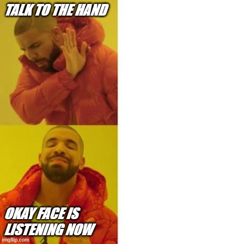 Hand v face | TALK TO THE HAND; OKAY FACE IS LISTENING NOW | image tagged in yes no | made w/ Imgflip meme maker