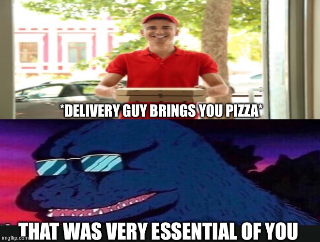 Delivery Guy | *DELIVERY GUY BRINGS YOU PIZZA*; THAT WAS VERY ESSENTIAL OF YOU | image tagged in that wasnt very cash money,pizza delivery man,delivery,essential,workers | made w/ Imgflip meme maker