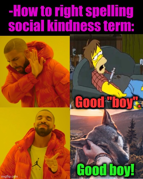 -New philosorapper's beat wave, be hurry for catch a train! | -How to right spelling social kindness term:; Good "boy". Good boy! | image tagged in memes,drake hotline bling,drug addiction,music joke,dogs pets funny,oh no baby what is you doin | made w/ Imgflip meme maker