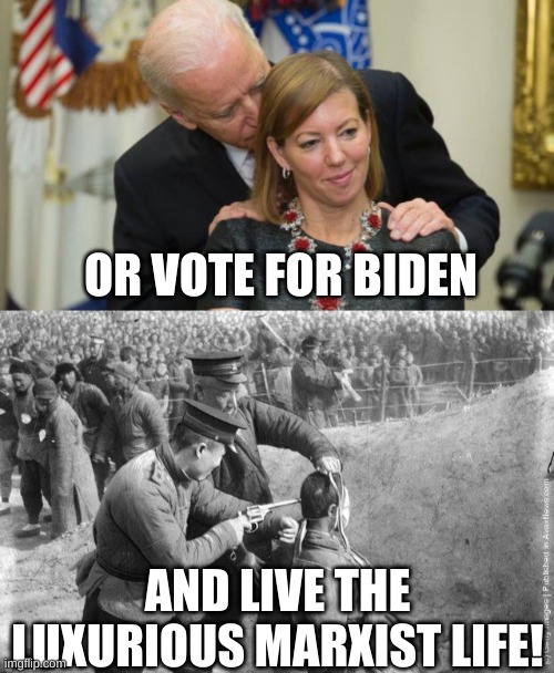 OR VOTE FOR BIDEN AND LIVE THE LUXURIOUS MARXIST LIFE! | image tagged in creepy joe biden,mao executionjpg | made w/ Imgflip meme maker