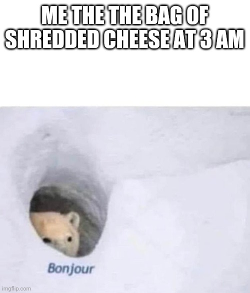 Bonjour | ME THE THE BAG OF SHREDDED CHEESE AT 3 AM | image tagged in bonjour | made w/ Imgflip meme maker