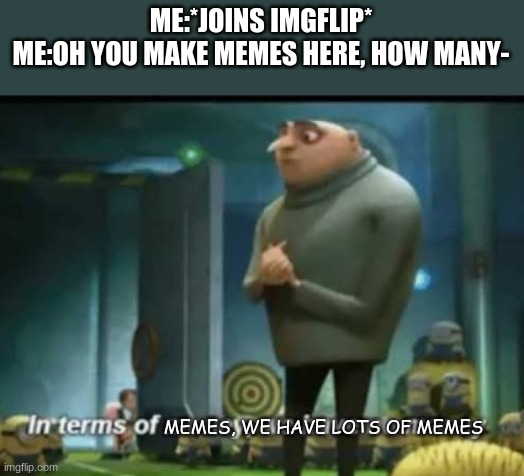 All the memes | ME:*JOINS IMGFLIP*
ME:OH YOU MAKE MEMES HERE, HOW MANY-; MEMES, WE HAVE LOTS OF MEMES | image tagged in in terms of money | made w/ Imgflip meme maker