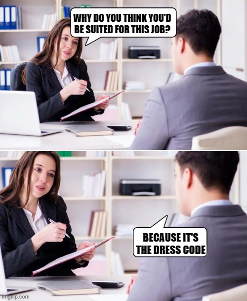 interview | WHY DO YOU THINK YOU'D BE SUITED FOR THIS JOB? BECAUSE IT'S THE DRESS CODE | image tagged in interview,kewlew | made w/ Imgflip meme maker