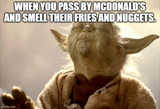 Oh yeah! Tasty! But definitely not good for you! | WHEN YOU PASS BY MCDONALD'S AND SMELL THEIR FRIES AND NUGGETS. | image tagged in yoda smell,fast food,mcdonalds,star wars | made w/ Imgflip meme maker