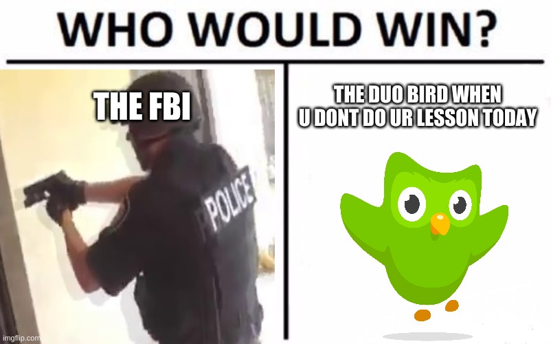 who would win | THE FBI; THE DUO BIRD WHEN U DONT DO UR LESSON TODAY | image tagged in fbi | made w/ Imgflip meme maker