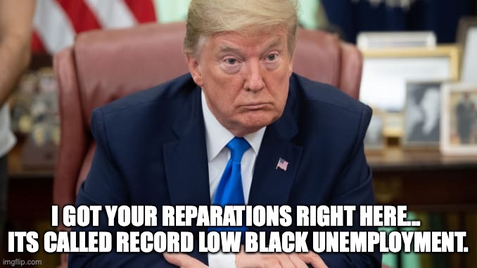 Reparations | I GOT YOUR REPARATIONS RIGHT HERE... 
ITS CALLED RECORD LOW BLACK UNEMPLOYMENT. | image tagged in black lives matter | made w/ Imgflip meme maker