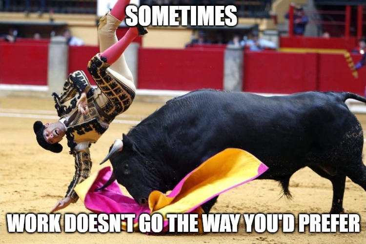 Sometimes | SOMETIMES; WORK DOESN'T GO THE WAY YOU'D PREFER | image tagged in sports,bull fighting,memes,fun,funny,funny memes | made w/ Imgflip meme maker