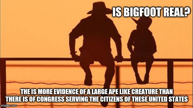 Cowboy wisdom, you have yo believe in something | IS BIGFOOT REAL? THE IS MORE EVIDENCE OF A LARGE APE LIKE CREATURE THAN THERE IS OF CONGRESS SERVING THE CITIZENS OF THESE UNITED STATES | image tagged in cowboy father and son,you have yo believe in something,cowboy wisdom,defund congress,bigfoot,the truth will set you free | made w/ Imgflip meme maker