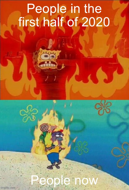 2020 in a nutshell | People in the first half of 2020; People now | image tagged in spongebob fire | made w/ Imgflip meme maker