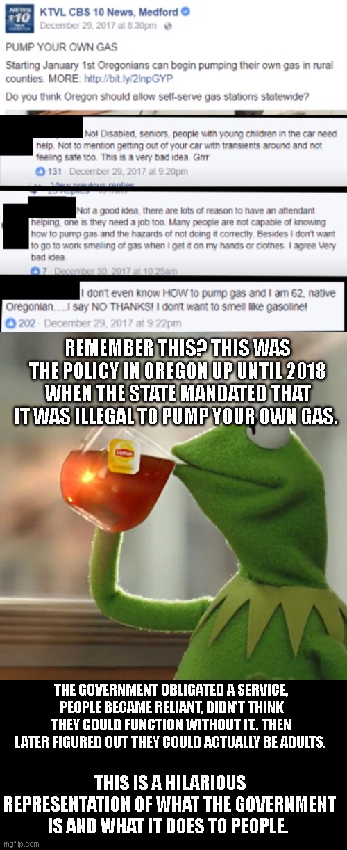 'But how can we exist without the government providing for me?!..!' | REMEMBER THIS? THIS WAS THE POLICY IN OREGON UP UNTIL 2018 WHEN THE STATE MANDATED THAT IT WAS ILLEGAL TO PUMP YOUR OWN GAS. THE GOVERNMENT OBLIGATED A SERVICE, PEOPLE BECAME RELIANT, DIDN'T THINK THEY COULD FUNCTION WITHOUT IT.. THEN LATER FIGURED OUT THEY COULD ACTUALLY BE ADULTS. THIS IS A HILARIOUS REPRESENTATION OF WHAT THE GOVERNMENT IS AND WHAT IT DOES TO PEOPLE. | image tagged in memes,but that's none of my business | made w/ Imgflip meme maker