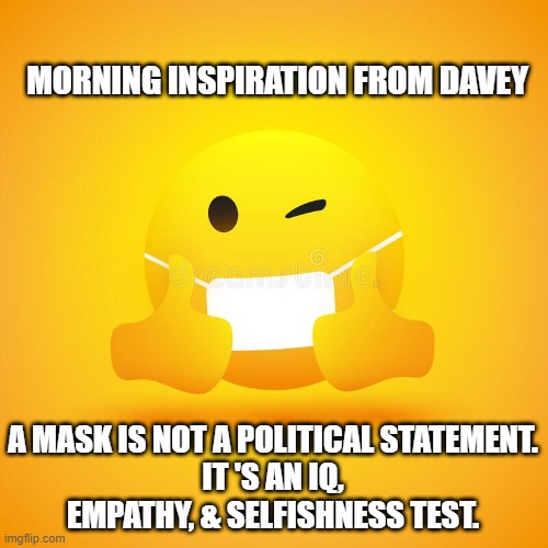 Covid 19 Mask | MORNING INSPIRATION FROM DAVEY; A MASK IS NOT A POLITICAL STATEMENT.
IT 'S AN IQ, EMPATHY, & SELFISHNESS TEST. | image tagged in covid-19,facemask,covid,covid 19 | made w/ Imgflip meme maker