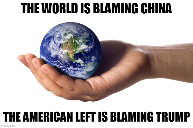 holding globe | THE WORLD IS BLAMING CHINA THE AMERICAN LEFT IS BLAMING TRUMP | image tagged in holding globe | made w/ Imgflip meme maker
