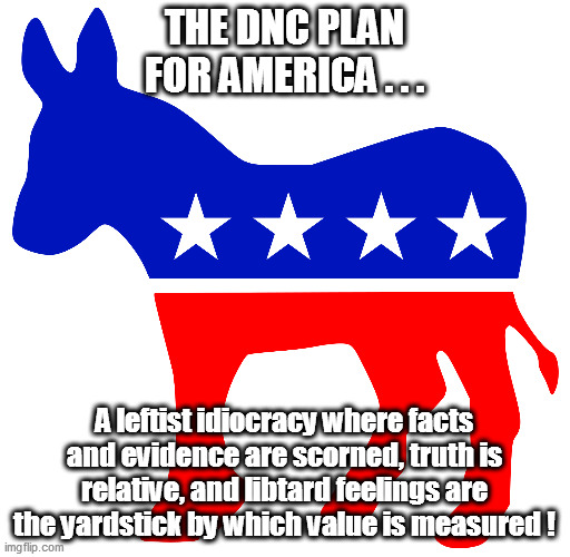 The village idiot Biden is a well chosen figurehead for the DNC! | THE DNC PLAN FOR AMERICA . . . A leftist idiocracy where facts and evidence are scorned, truth is relative, and libtard feelings are the yardstick by which value is measured ! | image tagged in dnc,leftists,biden | made w/ Imgflip meme maker