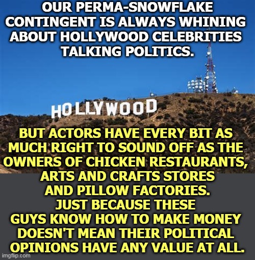They don't surrender their First Amendment rights just because you disagree with them. | OUR PERMA-SNOWFLAKE CONTINGENT IS ALWAYS WHINING 
ABOUT HOLLYWOOD CELEBRITIES 
TALKING POLITICS. BUT ACTORS HAVE EVERY BIT AS 
MUCH RIGHT TO SOUND OFF AS THE 
OWNERS OF CHICKEN RESTAURANTS, 
ARTS AND CRAFTS STORES
 AND PILLOW FACTORIES. 
JUST BECAUSE THESE 
GUYS KNOW HOW TO MAKE MONEY 
DOESN'T MEAN THEIR POLITICAL 
OPINIONS HAVE ANY VALUE AT ALL. | image tagged in hollywood liberals,conservative,businessman,first amendment | made w/ Imgflip meme maker