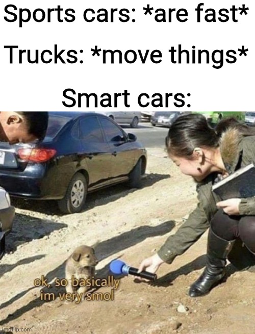 Very very smol. | Sports cars: *are fast*; Trucks: *move things*; Smart cars: | image tagged in very smol,memes,car | made w/ Imgflip meme maker