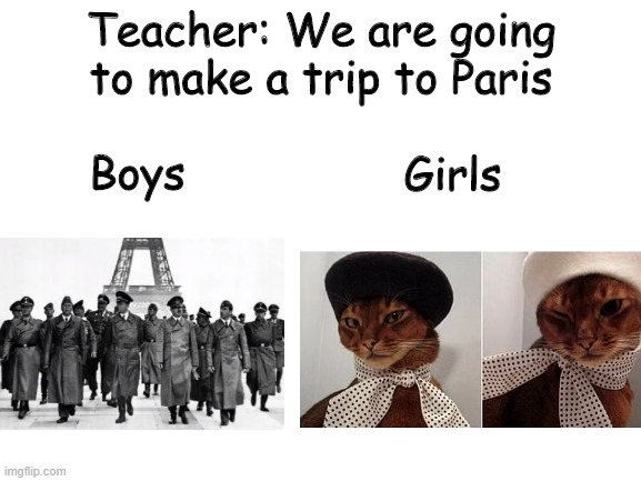 Trip to Paris | Teacher: We are going to make a trip to Paris; Boys; Girls | image tagged in blank white template,boys vs girls,paris,eiffel tower | made w/ Imgflip meme maker