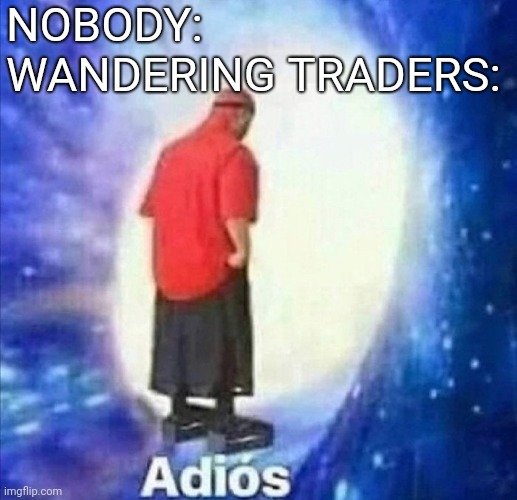 . | NOBODY:
WANDERING TRADERS: | image tagged in adios | made w/ Imgflip meme maker
