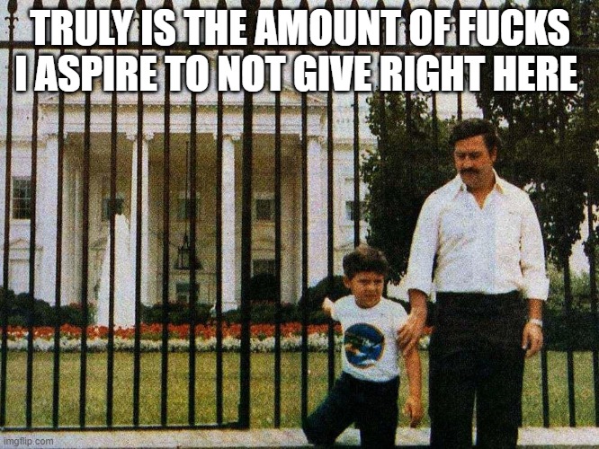 Loving Pablo | TRULY IS THE AMOUNT OF FUCKS I ASPIRE TO NOT GIVE RIGHT HERE | image tagged in sad pablo escobar,narcos,drugs,cocaine | made w/ Imgflip meme maker