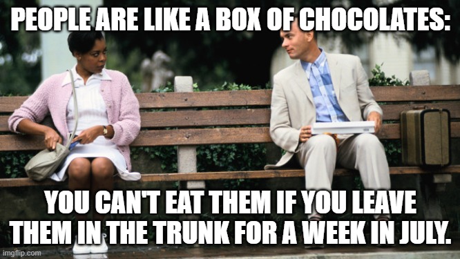 Forest Gump | PEOPLE ARE LIKE A BOX OF CHOCOLATES:; YOU CAN'T EAT THEM IF YOU LEAVE THEM IN THE TRUNK FOR A WEEK IN JULY. | image tagged in forest gump | made w/ Imgflip meme maker