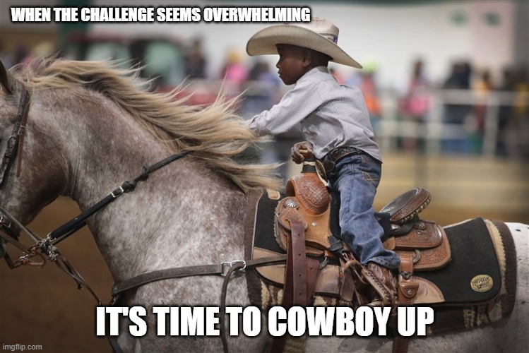 Cowboy |  WHEN THE CHALLENGE SEEMS OVERWHELMING; IT'S TIME TO COWBOY UP | image tagged in challenge,life | made w/ Imgflip meme maker