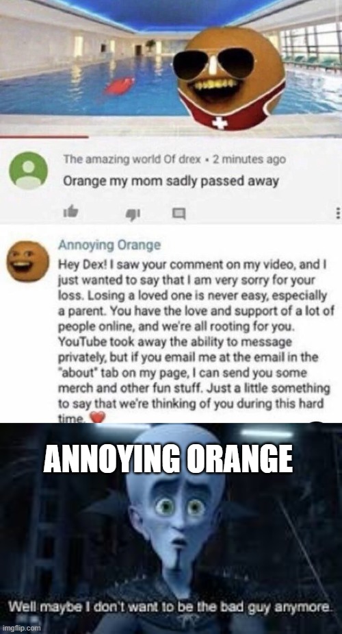 Wholesome orange | ANNOYING ORANGE | image tagged in well maybe i don't wanna be the bad guy anymore,memes,funny,annoying orange,wholesome | made w/ Imgflip meme maker