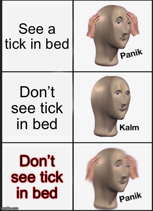 Panik Kalm Panik Meme | See a tick in bed; Don’t see tick in bed; Don’t see tick in bed | image tagged in memes,panik kalm panik | made w/ Imgflip meme maker