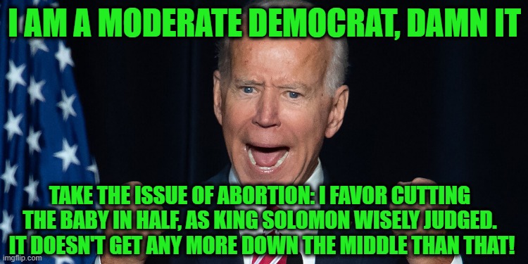 Joe Biden: Hard-Core Moderate | I AM A MODERATE DEMOCRAT, DAMN IT; TAKE THE ISSUE OF ABORTION: I FAVOR CUTTING THE BABY IN HALF, AS KING SOLOMON WISELY JUDGED.  IT DOESN'T GET ANY MORE DOWN THE MIDDLE THAN THAT! | image tagged in joe biden,moderate,abortion | made w/ Imgflip meme maker
