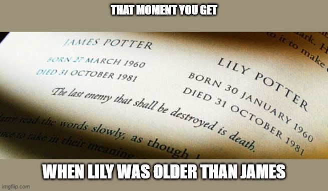 Lily Evans was older than James | THAT MOMENT YOU GET; WHEN LILY WAS OLDER THAN JAMES | image tagged in harry potter | made w/ Imgflip meme maker