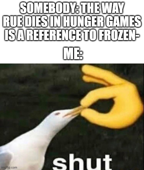It isnt. | SOMEBODY: THE WAY RUE DIES IN HUNGER GAMES IS A REFERENCE TO FROZEN-; ME: | image tagged in blank white template,shut | made w/ Imgflip meme maker