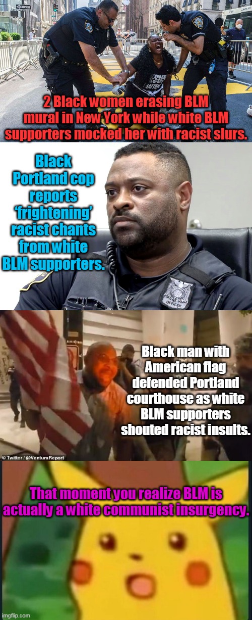 BLM has nothing to do with black lives. | 2 Black women erasing BLM mural in New York while white BLM supporters mocked her with racist slurs. Black Portland cop reports ‘frightening’ racist chants from white BLM supporters. Black man with American flag defended Portland courthouse as white BLM supporters shouted racist insults. That moment you realize BLM is actually a white communist insurgency. | image tagged in blm,racists,democrats,liberals,antifa,communists,TheRightCantMeme | made w/ Imgflip meme maker