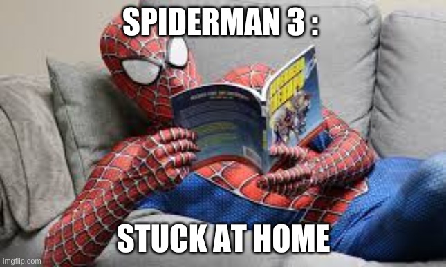 spiderman quarantine | SPIDERMAN 3 :; STUCK AT HOME | image tagged in spiderman | made w/ Imgflip meme maker